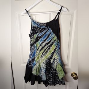Jordash Tie dye Mini Dress black and blue strappy with ruffle hem NO SIZE TAG